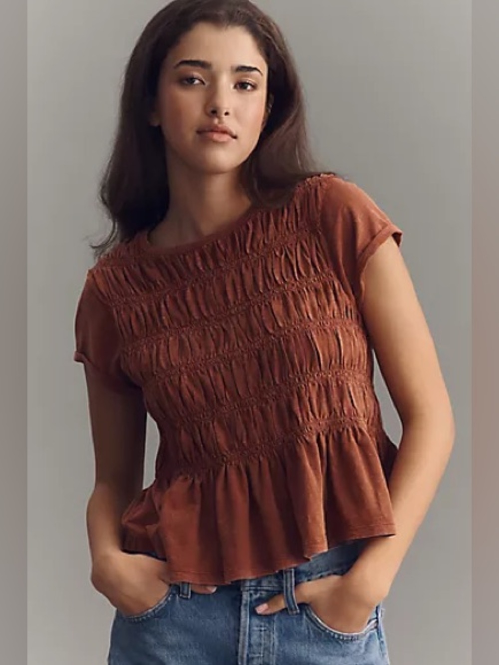 Anthropologie Tabby Cotton Smocked Peplum Tee